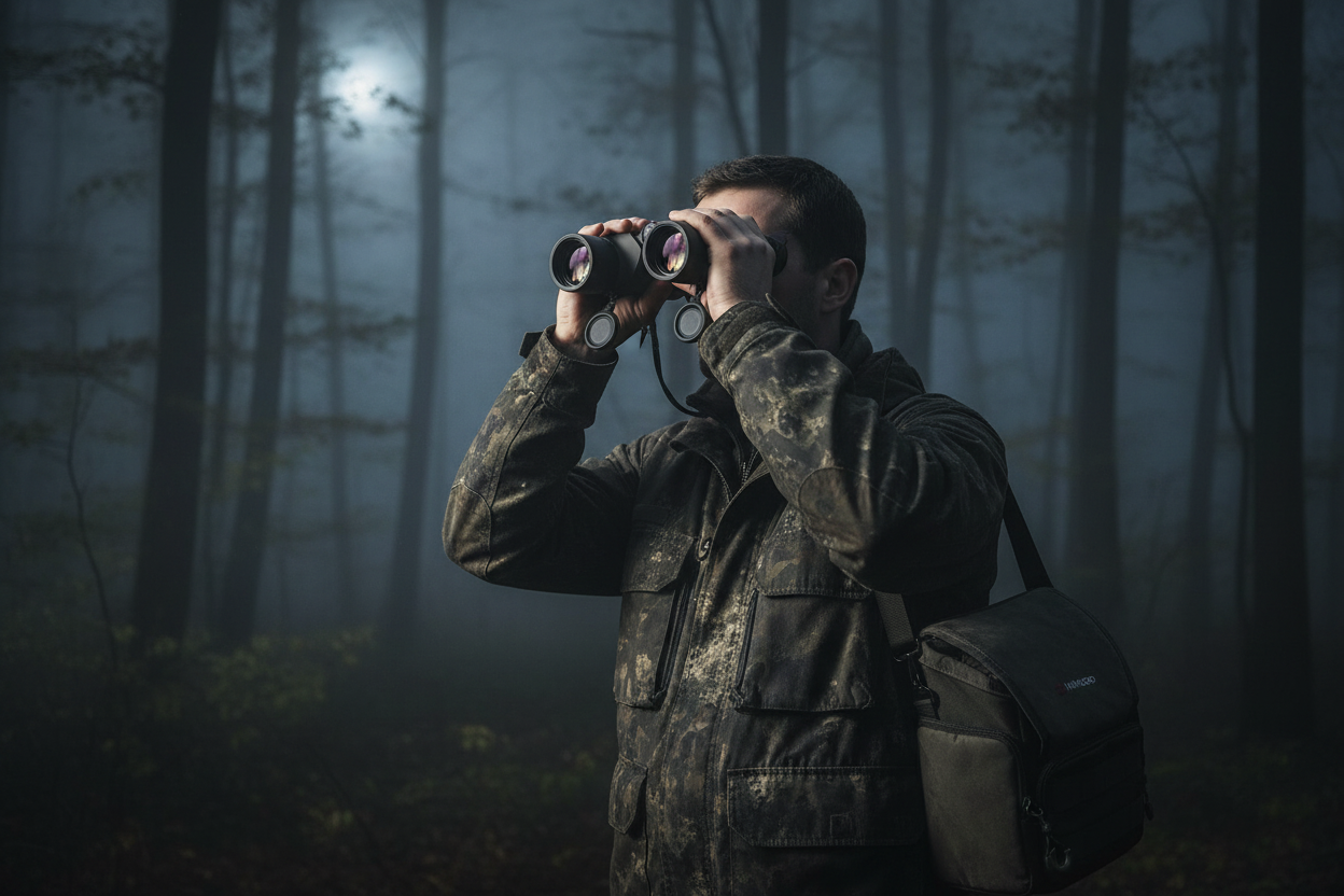 HIKMICRO Habrok 4K HE25L 2.0 termisk håndkikkert i brug under natjagt i skov